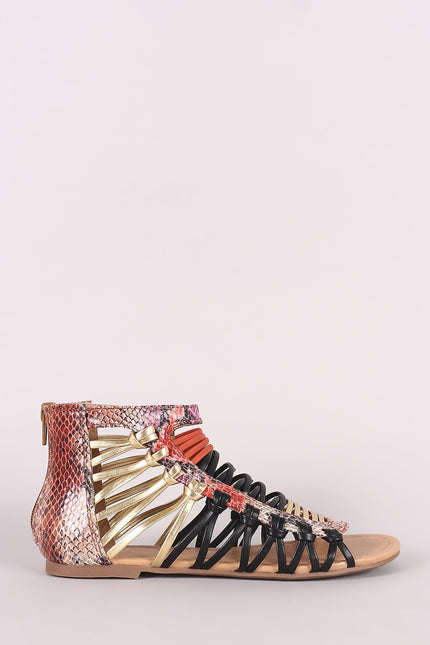 Soda Strappy Snakeskin Open Toe Flat Sandal