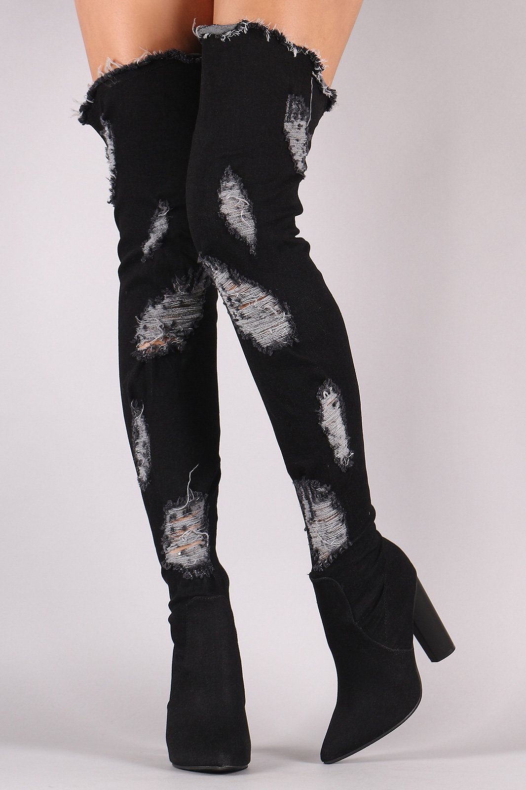 Distressed Denim Pointy Toe Chunky Heeled Over-The-Knee Boots - NoveltyOne