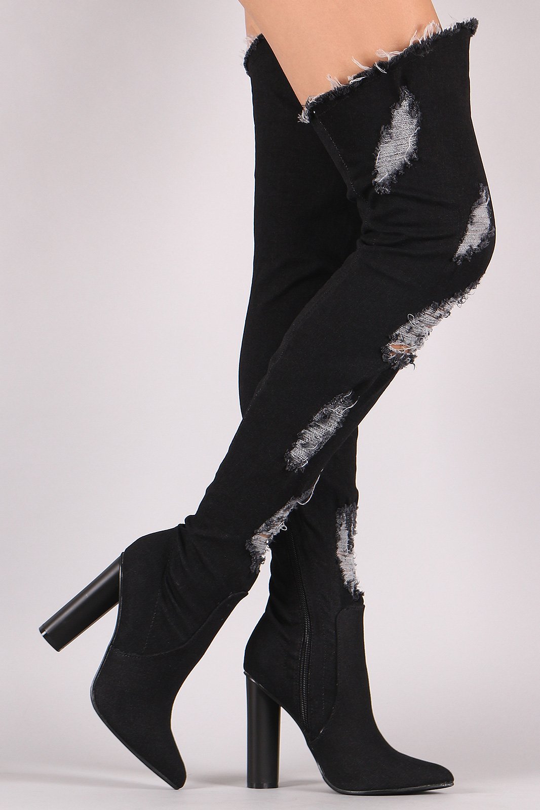 Distressed Denim Pointy Toe Chunky Heeled Over-The-Knee Boots - NoveltyOne