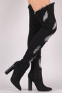 Distressed Denim Pointy Toe Chunky Heeled Over-The-Knee Boots - NoveltyOne