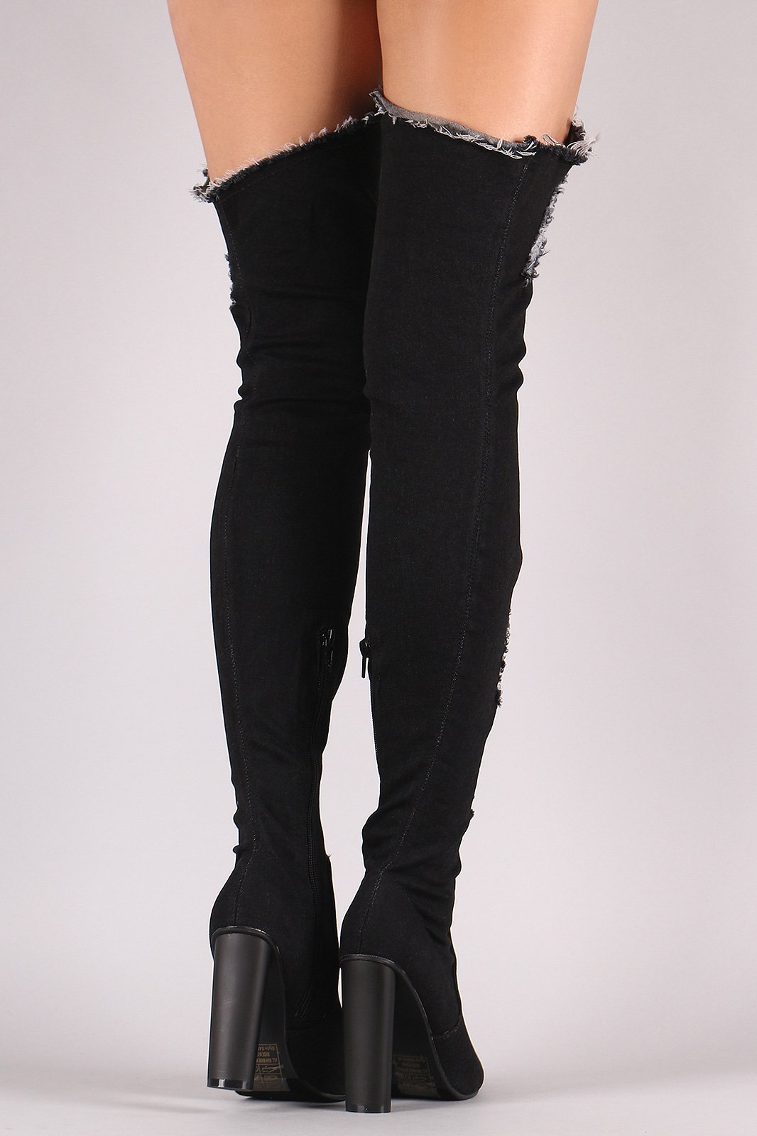 Distressed Denim Pointy Toe Chunky Heeled Over-The-Knee Boots - NoveltyOne
