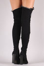 Distressed Denim Pointy Toe Chunky Heeled Over-The-Knee Boots - NoveltyOne