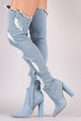 Distressed Denim Pointy Toe Chunky Heeled Over-The-Knee Boots - NoveltyOne