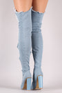 Distressed Denim Pointy Toe Chunky Heeled Over-The-Knee Boots - NoveltyOne