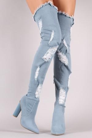 Distressed Denim Pointy Toe Chunky Heeled Over-The-Knee Boots - NoveltyOne