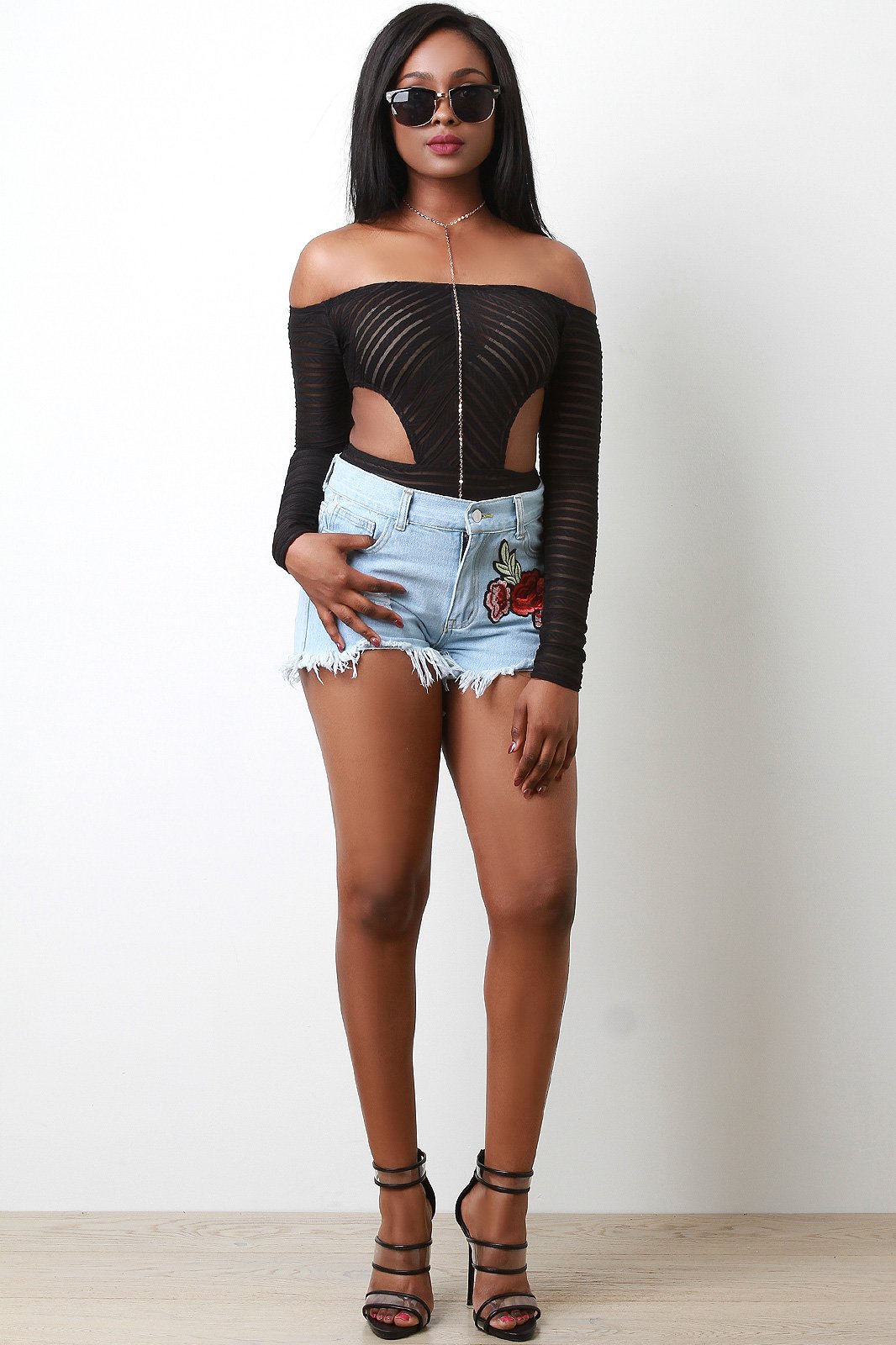 Semi-Sheer Mesh Striped Off-The-Shoulder Bodysuit