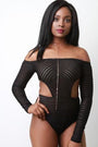 Semi-Sheer Mesh Striped Off-The-Shoulder Bodysuit