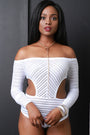 Semi-Sheer Mesh Striped Off-The-Shoulder Bodysuit