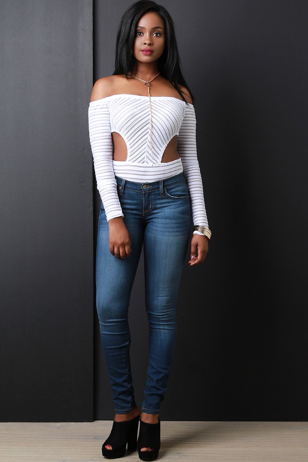 Semi-Sheer Mesh Striped Off-The-Shoulder Bodysuit