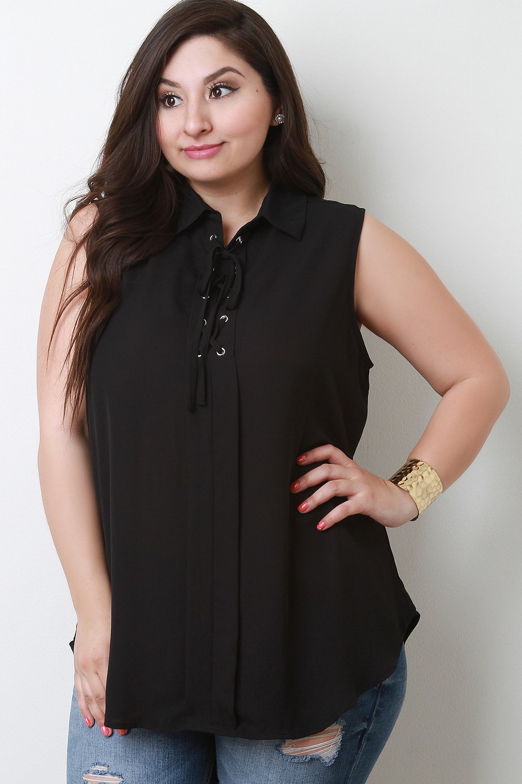 Chiffon Collar Lace-Up Sleeveless Round Top