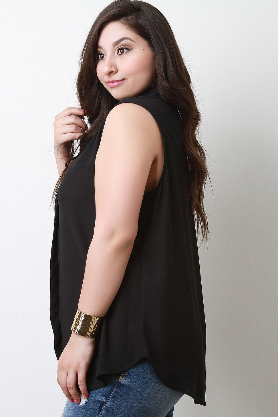 Chiffon Collar Lace-Up Sleeveless Round Top