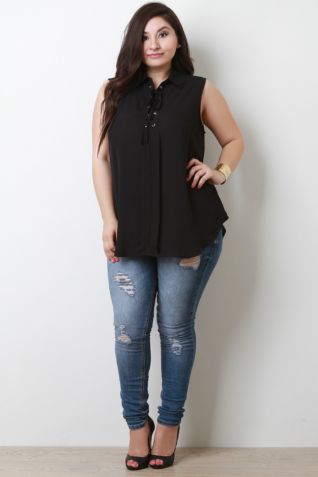 Chiffon Collar Lace-Up Sleeveless Round Top