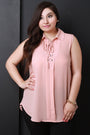Chiffon Collar Lace-Up Sleeveless Round Top