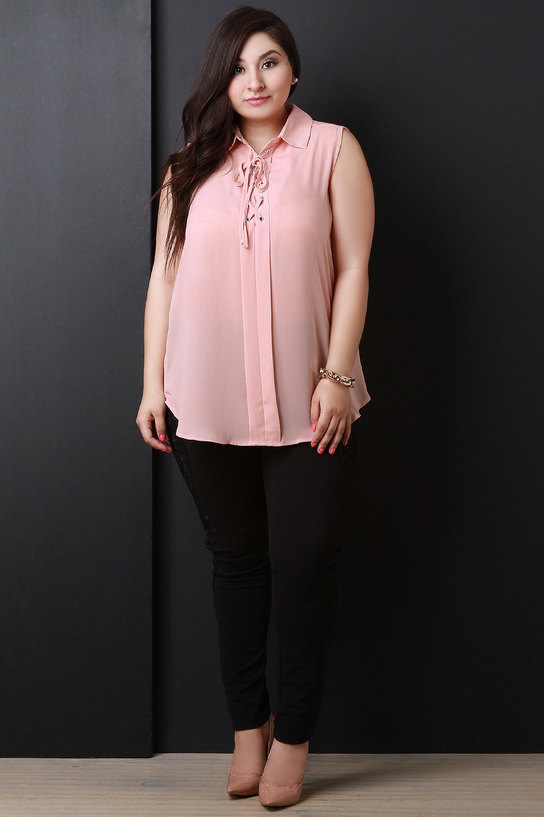 Chiffon Collar Lace-Up Sleeveless Round Top