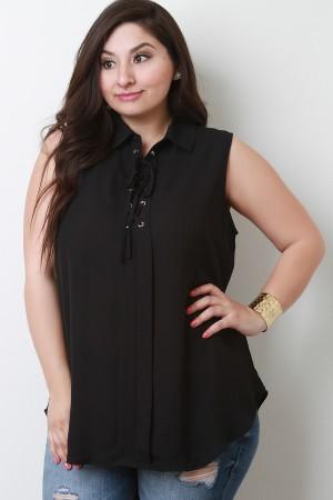 Chiffon Collar Lace-Up Sleeveless Round Top