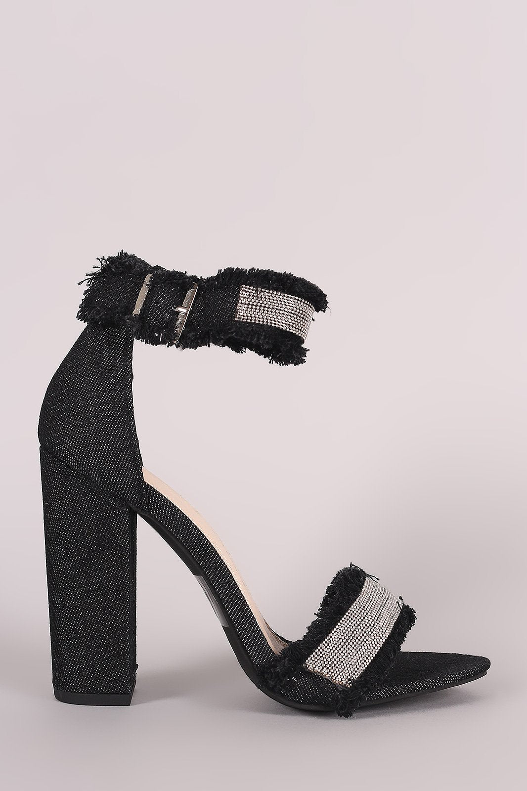 Liliana Frayed Denim Beaded Open Toe Chunky Heel