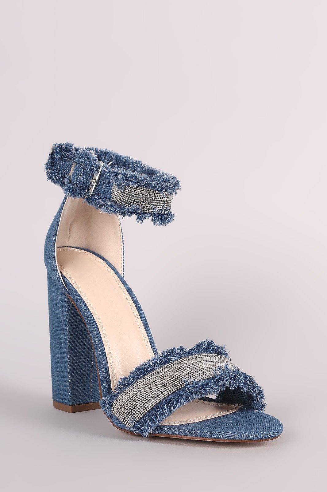 Liliana Frayed Denim Beaded Open Toe Chunky Heel