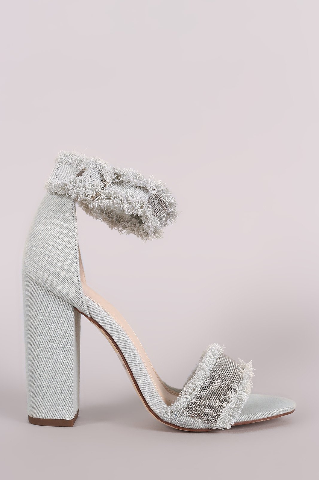 Liliana Frayed Denim Beaded Open Toe Chunky Heel