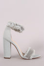 Liliana Frayed Denim Beaded Open Toe Chunky Heel