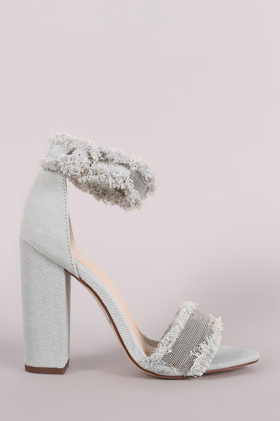 Liliana Frayed Denim Beaded Open Toe Chunky Heel