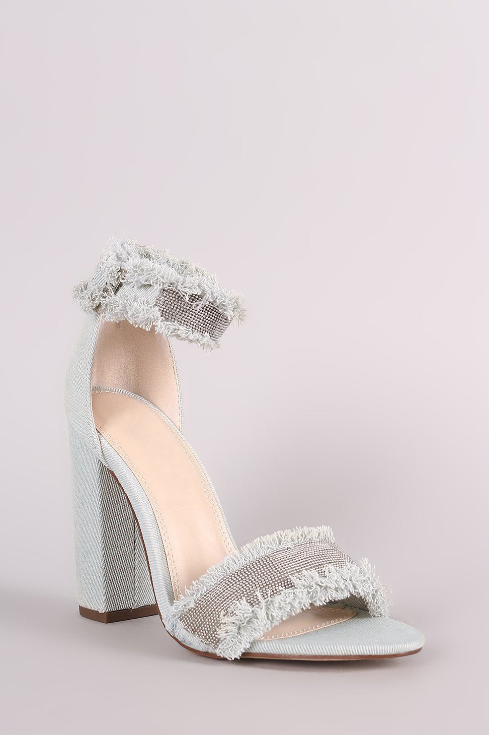 Liliana Frayed Denim Beaded Open Toe Chunky Heel