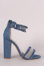 Liliana Frayed Denim Beaded Open Toe Chunky Heel