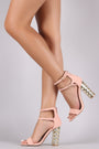 Qupid Nubuck Open Toe Clear Crisscross Chunky Heel
