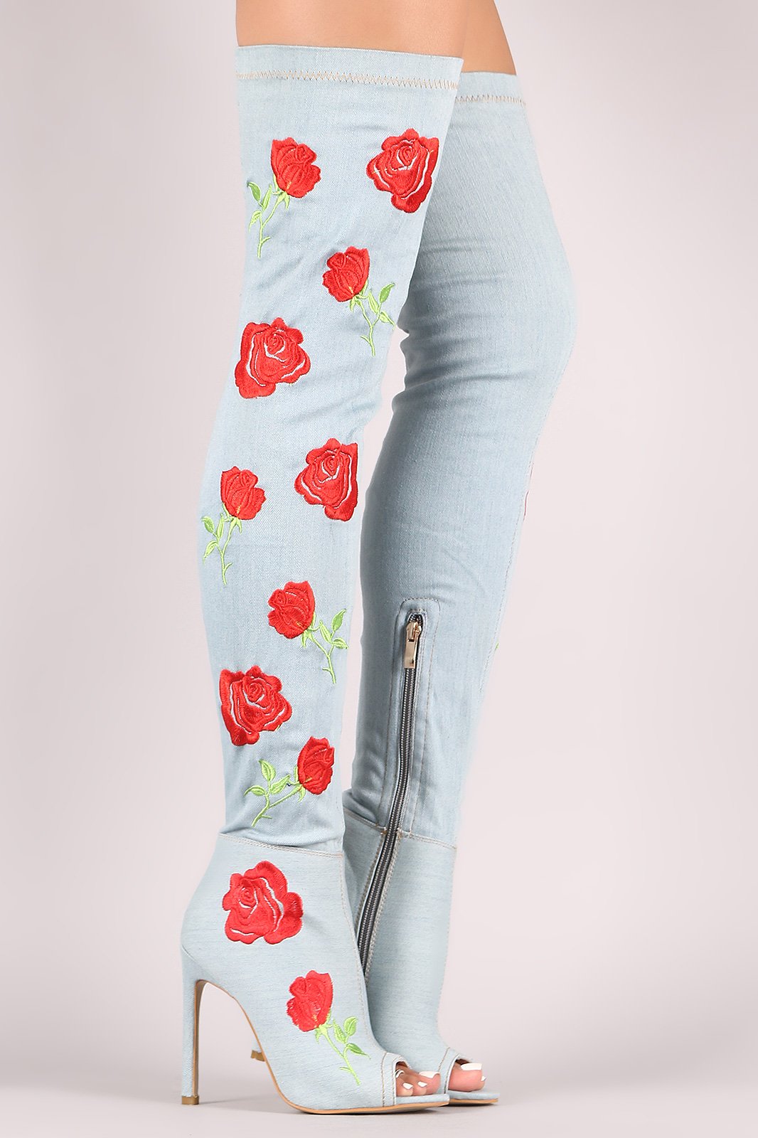 Embroidery Rosette Denim Stiletto Over-The-Knee Boots
