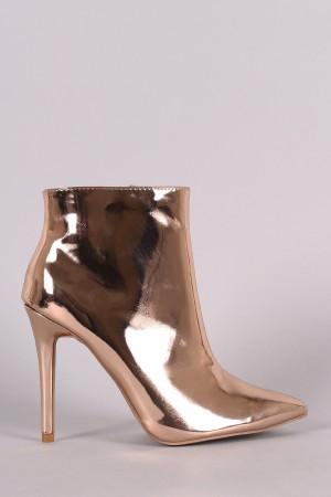 Qupid Metallic Pointy Toe Stiletto Ankle Boots