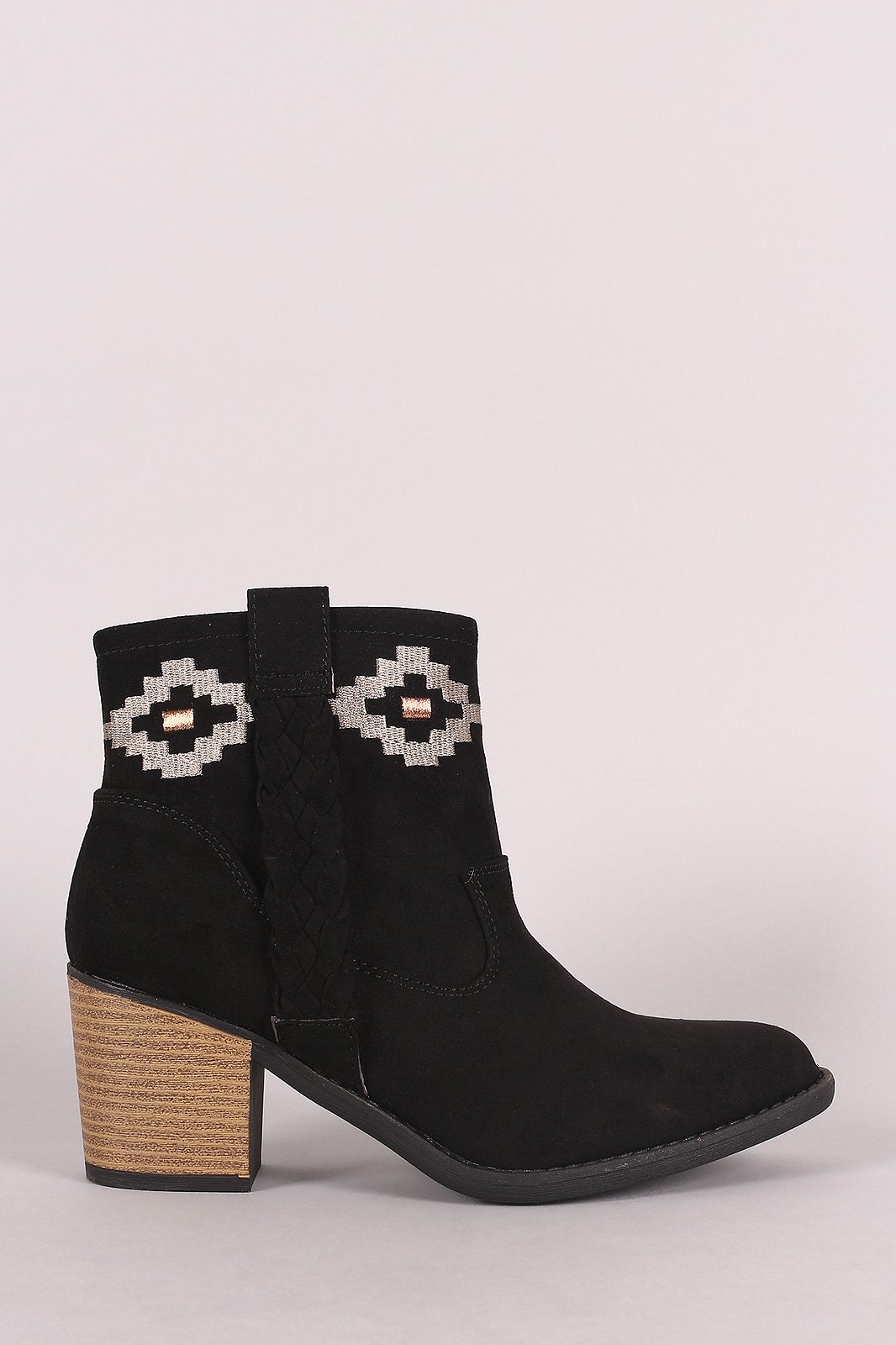 Qupid Embroidery Suede Chunky Heeled Ankle Boots