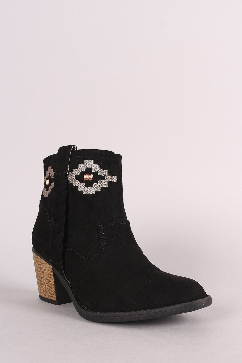 Qupid Embroidery Suede Chunky Heeled Ankle Boots