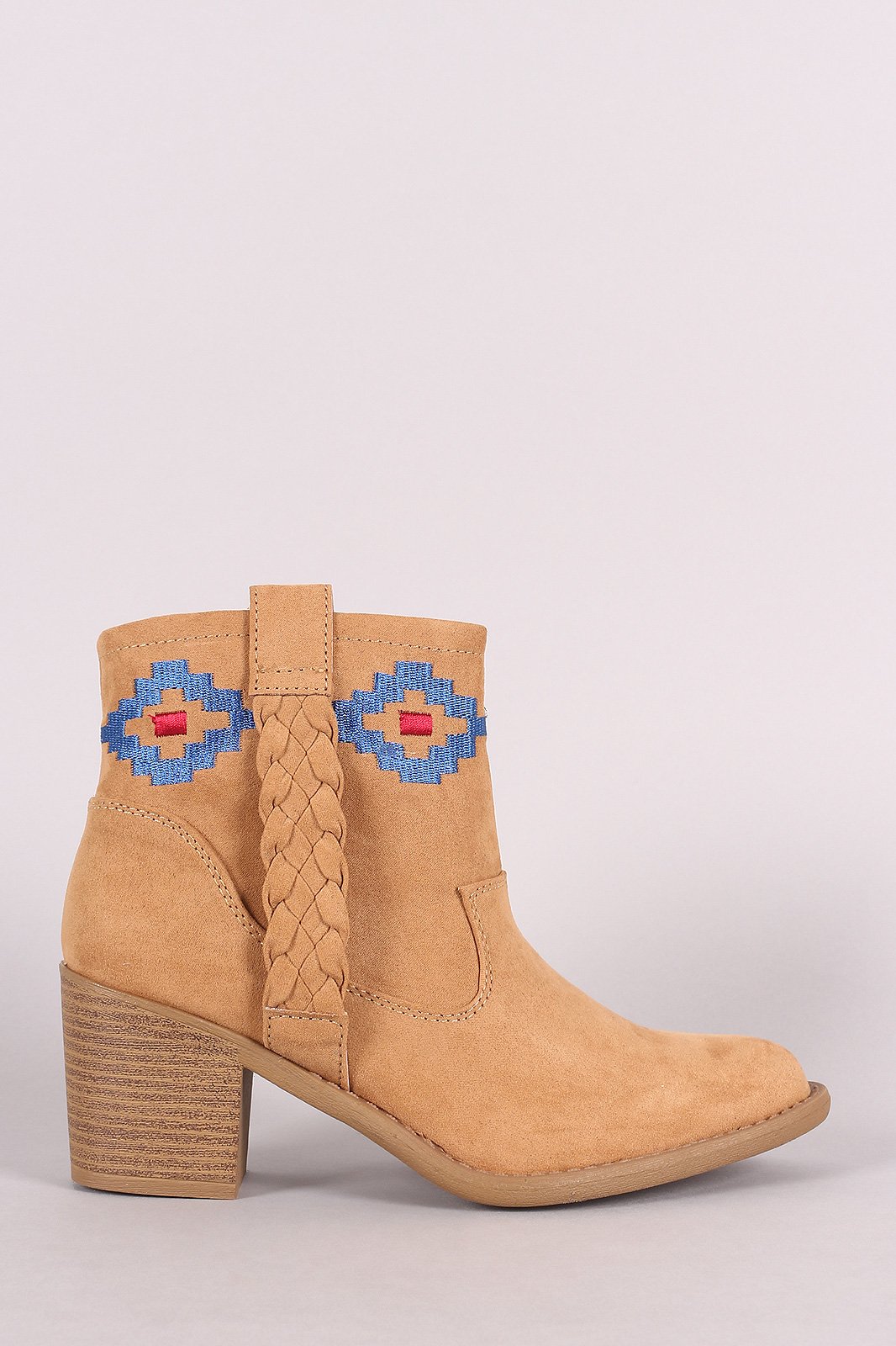 Qupid Embroidery Suede Chunky Heeled Ankle Boots