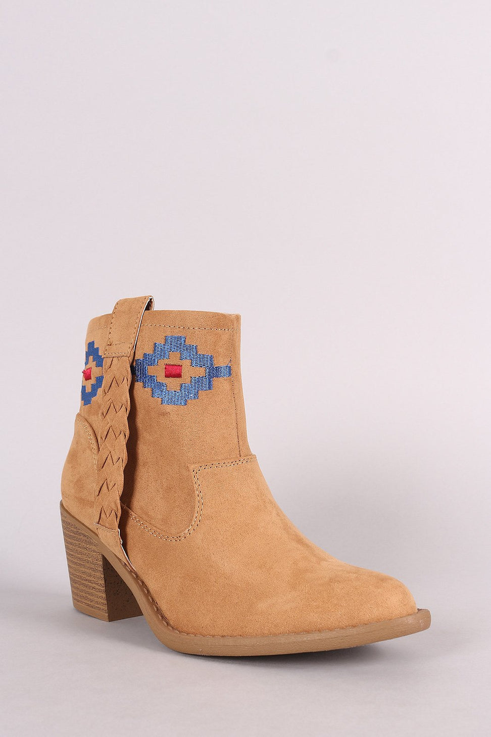 Qupid Embroidery Suede Chunky Heeled Ankle Boots
