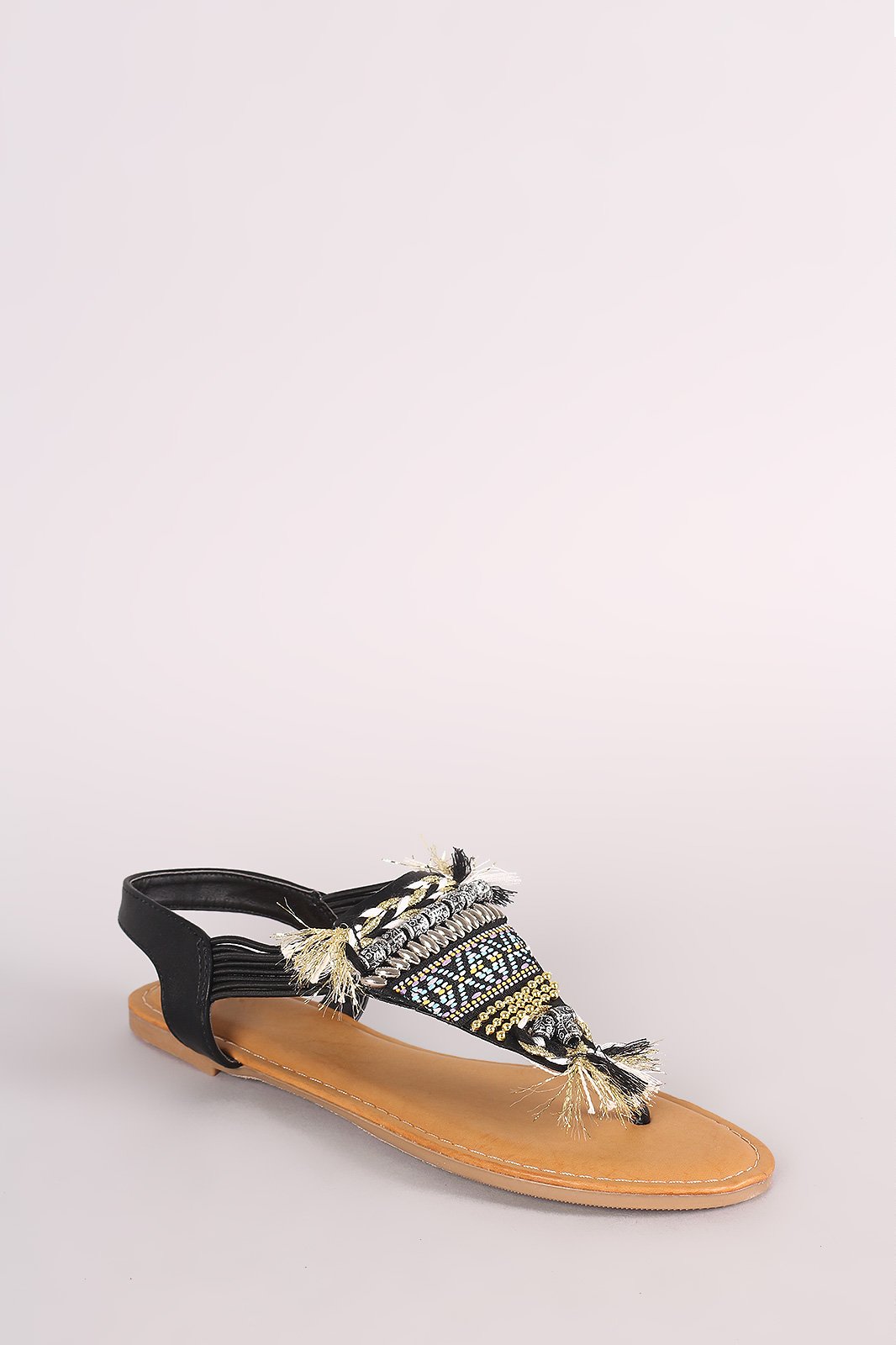 Bamboo Beaded Tapestry V-Strap Thong Flat Sandal