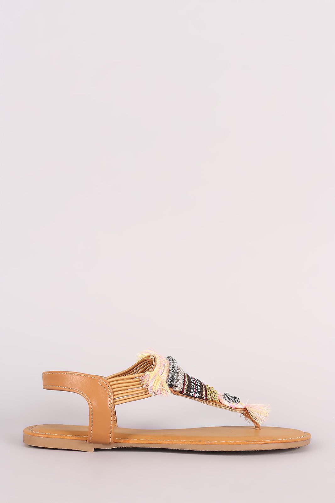 Bamboo Beaded Tapestry V-Strap Thong Flat Sandal