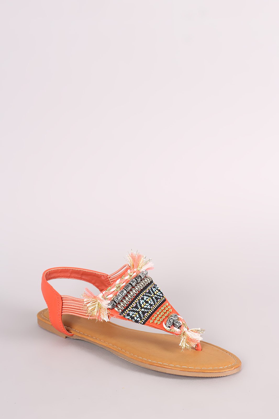 Bamboo Beaded Tapestry V-Strap Thong Flat Sandal