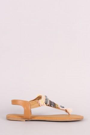 Bamboo Beaded Tapestry V-Strap Thong Flat Sandal