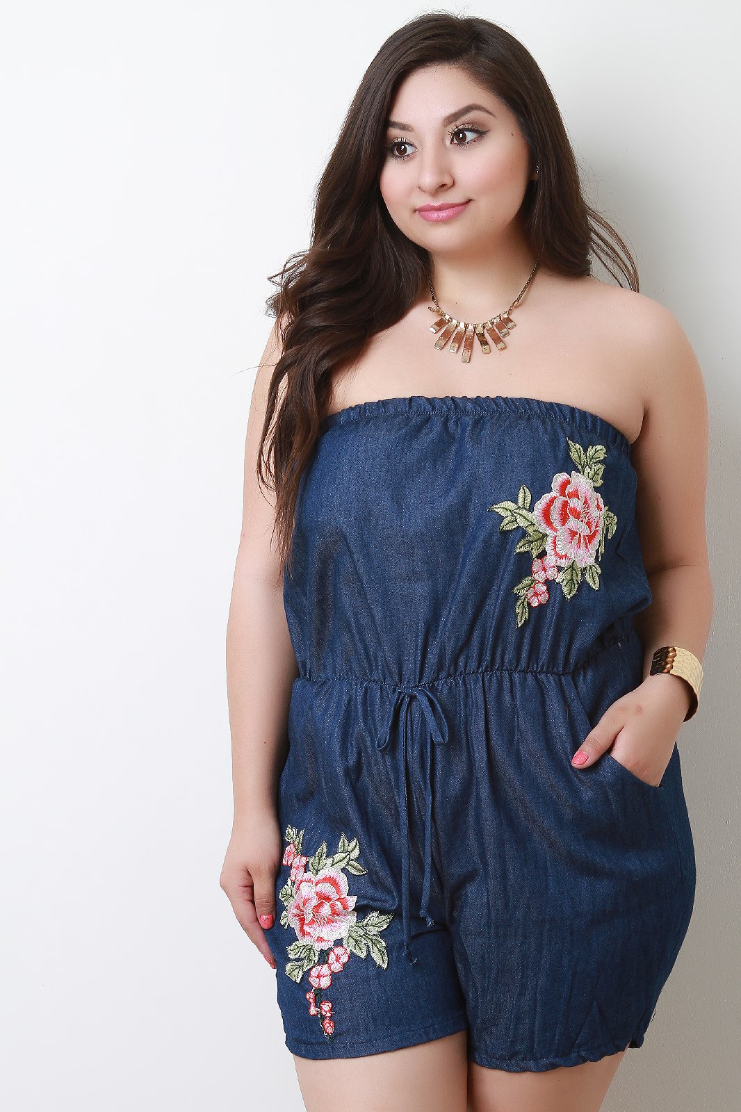 Floral Applique Tube Denim Romper - NoveltyOne
