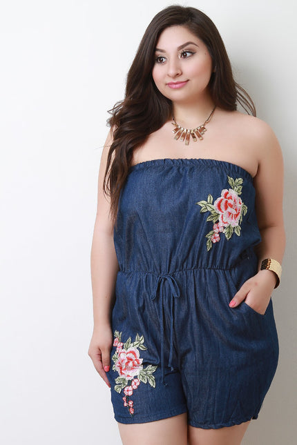 Floral Applique Tube Denim Romper - NoveltyOne