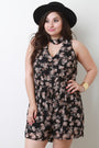 Floral Chiffon Mock Neck V-Cut Out Romper - NoveltyOne