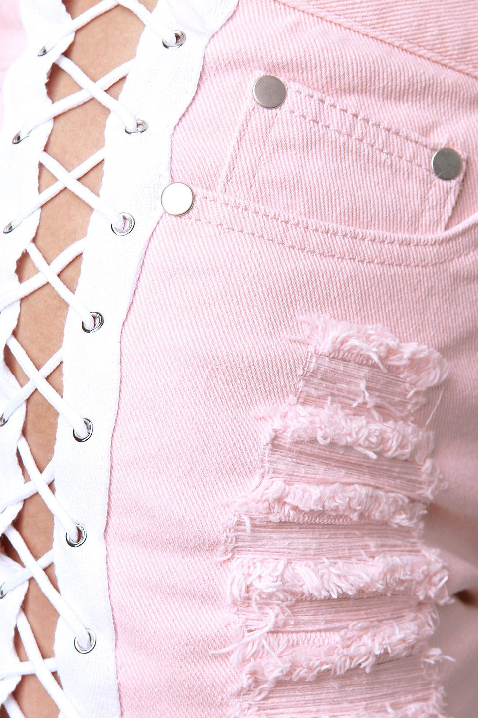 Side Lace-Up Distressed High Waisted Denim Shorts