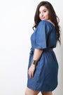 Chambray One Shoulder Waist Tie Shift Dress
