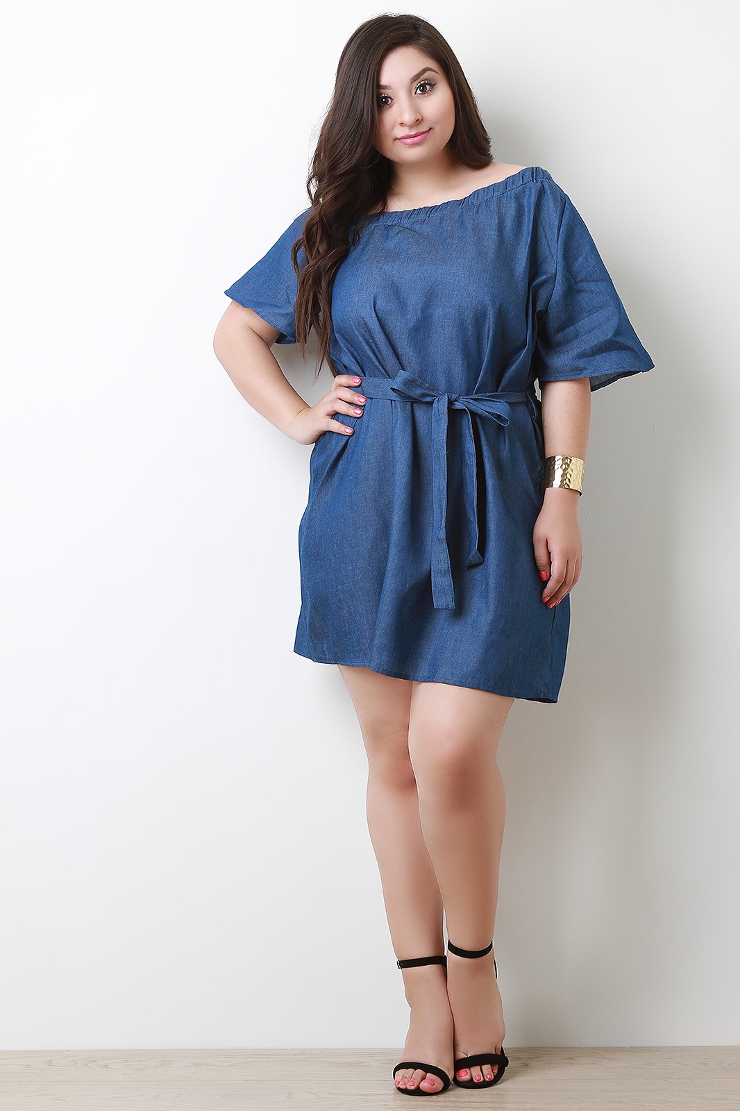 Chambray One Shoulder Waist Tie Shift Dress