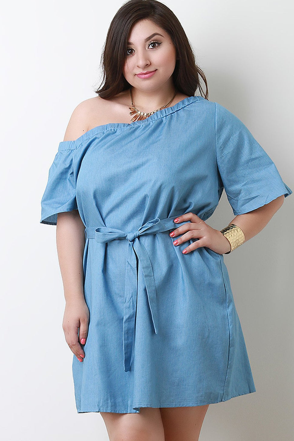 Chambray One Shoulder Waist Tie Shift Dress