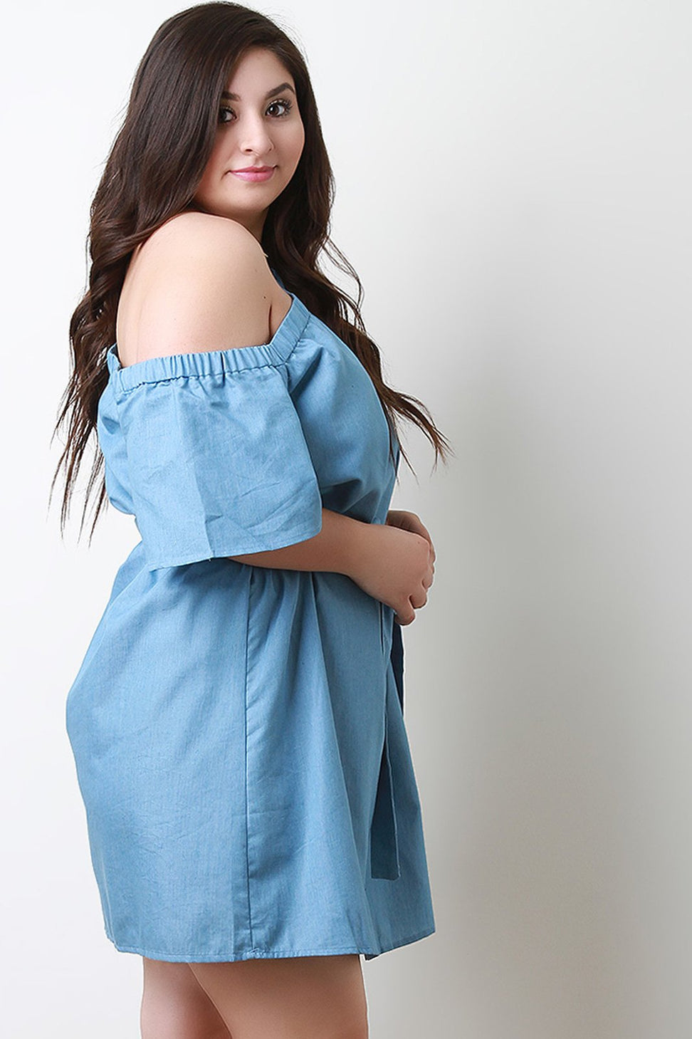 Chambray One Shoulder Waist Tie Shift Dress
