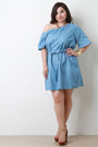 Chambray One Shoulder Waist Tie Shift Dress