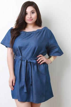 Chambray One Shoulder Waist Tie Shift Dress