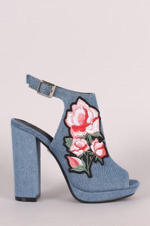 Denim Floral Applique Peep Toe Mule Chunky Heel