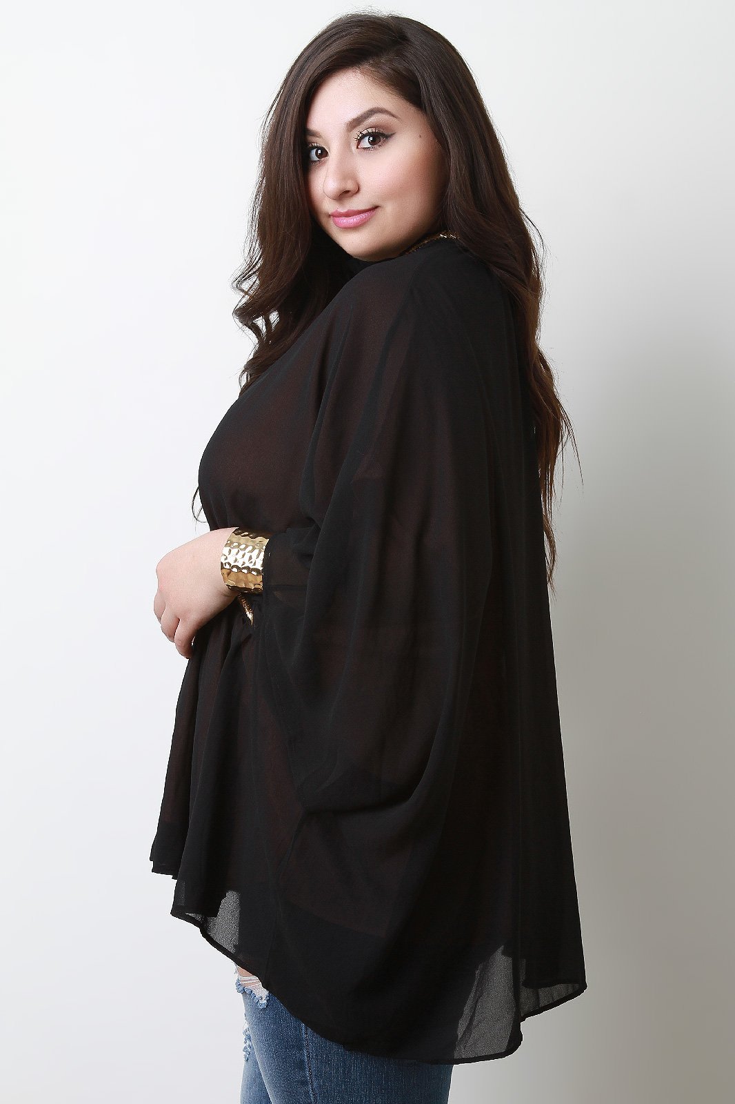 Chiffon Beaded Keyhole Mock Neck Poncho Top