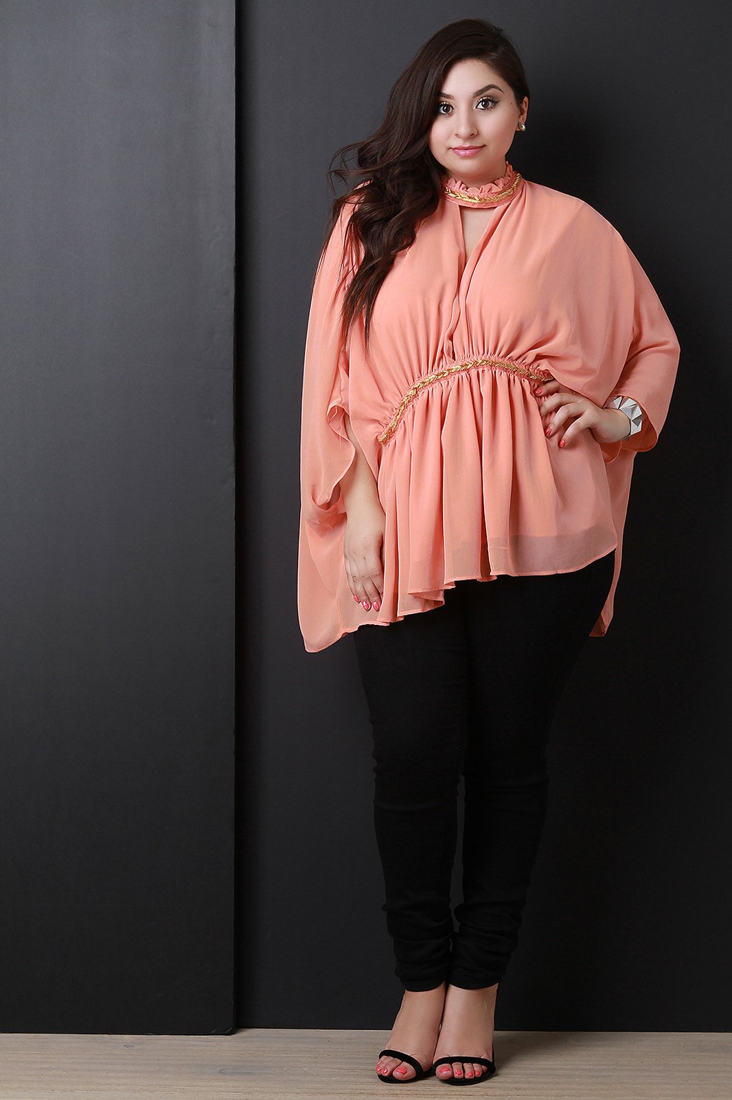 Chiffon Beaded Keyhole Mock Neck Poncho Top
